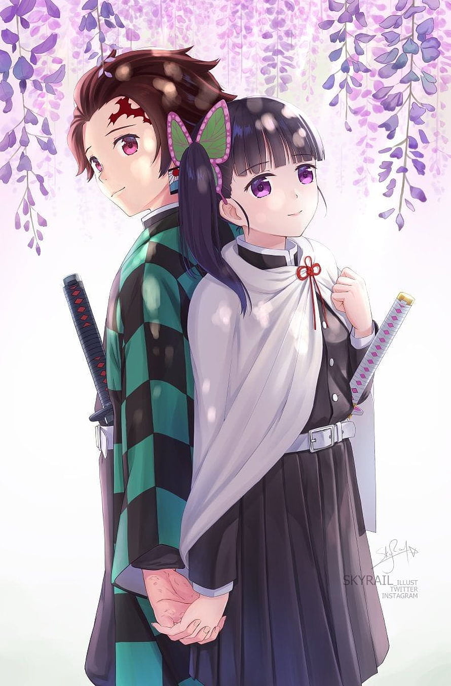 Tanjiro and Kanao from Demon Slayer standing back to back under wisteria blossoms HD phone wallpaper