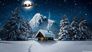 Santa's Sleigh Flying Over a Snowy Cabin and Mountain at Christmas Night HD wallpaper