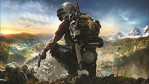 PUBG Mobile Soldier Crouching on Mountain Ridge at Sunset with Tactical Gear HD wallpaper