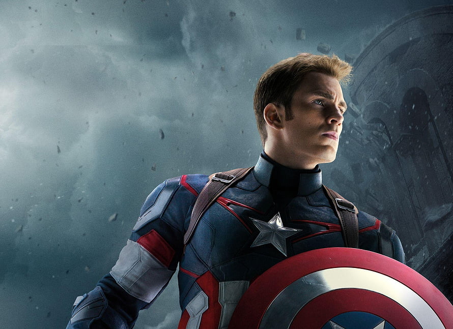 Captain America in Combat Suit Holding Shield Amidst Battle Debris and Stormy Sky HD wallpaper