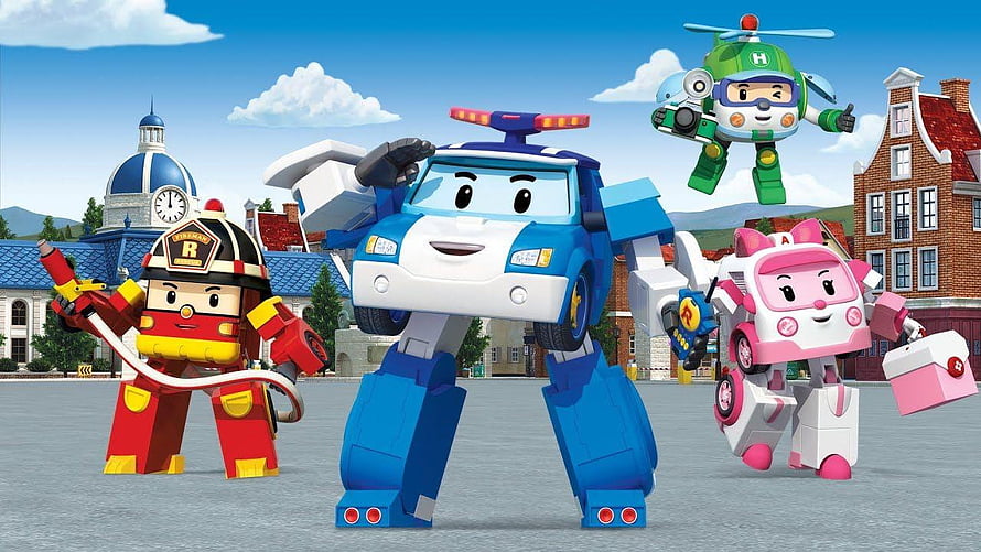 Robocar Poli Animated Rescue Team With Fire Truck, Police Car, Ambulance, and Helicopter in Town Square HD wallpaper