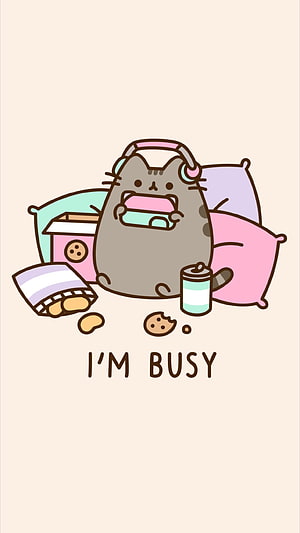 Pusheen the Cat Eating Cookies with Headphones and Pillows HD phone wallpaper