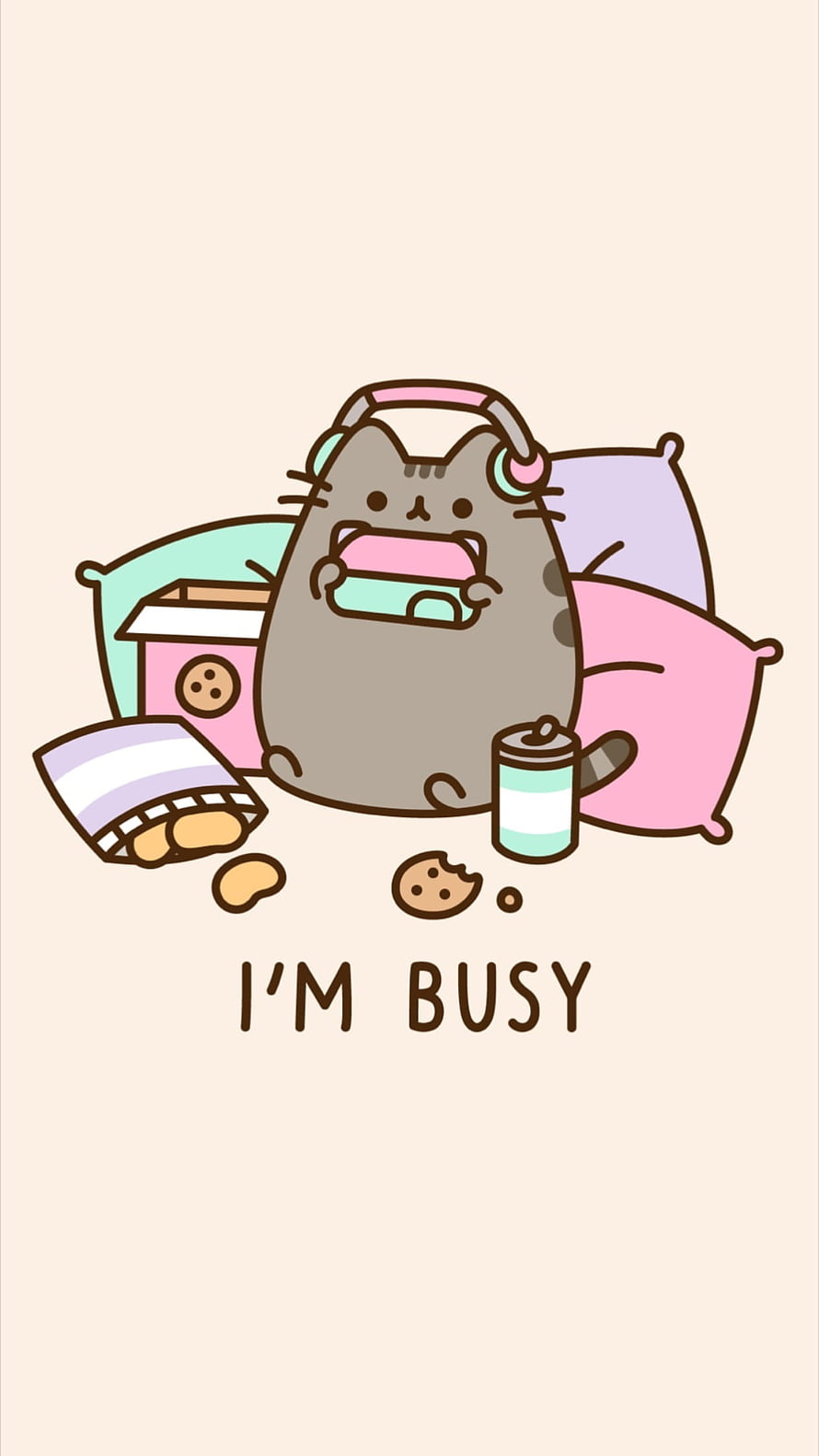 Pusheen the Cat Eating Cookies with Headphones and Pillows HD phone wallpaper