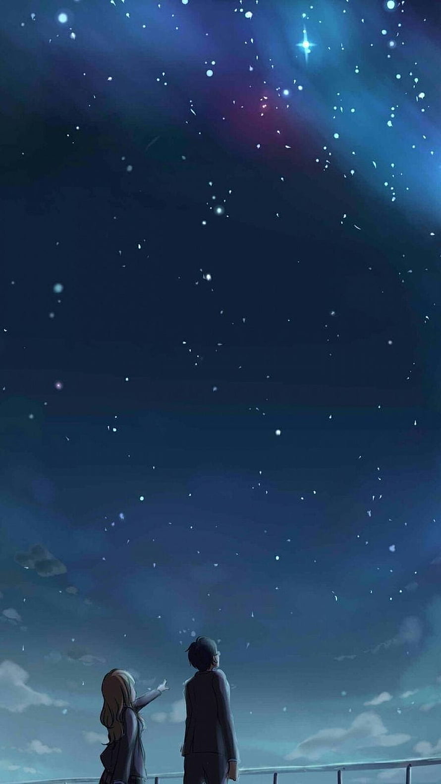 Anime Couple Gazing at Starry Night Sky on Rooftop HD phone wallpaper