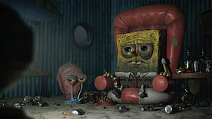 Gritty Realistic SpongeBob and Gary in a Dark, Cluttered Room HD wallpaper