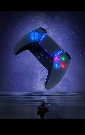 Glowing PS5 DualSense Controller Floating Over a Starlit Ocean at Night HD phone wallpaper