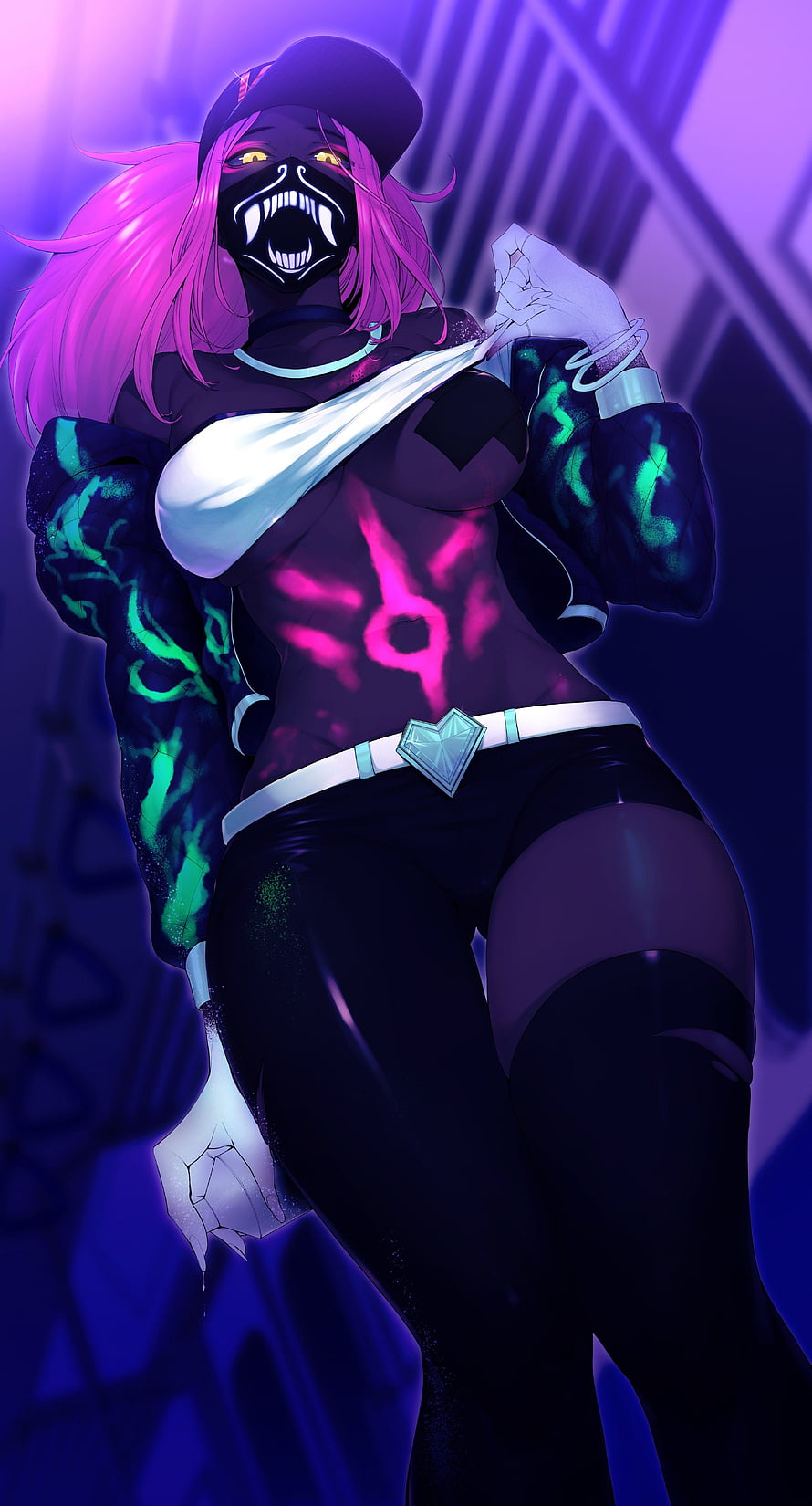 K/DA Akali Anime Character with Neon Pink Hair and Glowing Green Patterns HD phone wallpaper