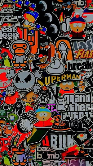 Dense Pop Culture Sticker Bomb Wallpaper Featuring South Park and Grand Theft Auto HD phone wallpaper