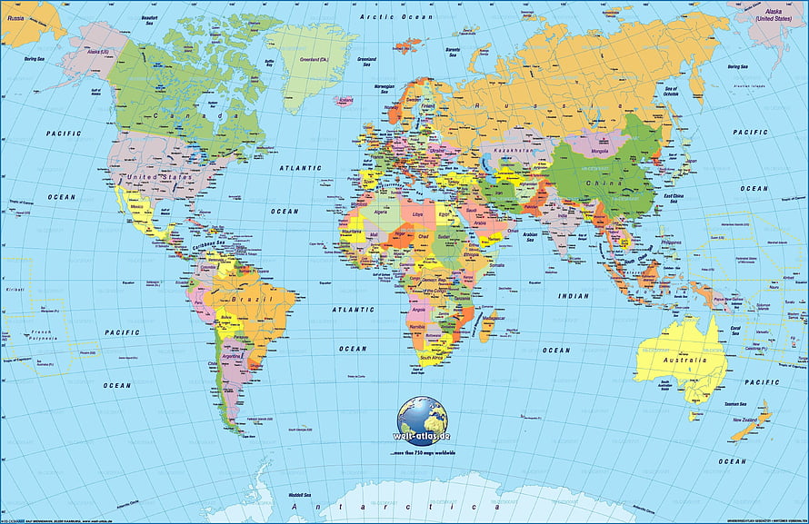 Detailed Political World Map with Country Borders and Ocean Labels HD wallpaper