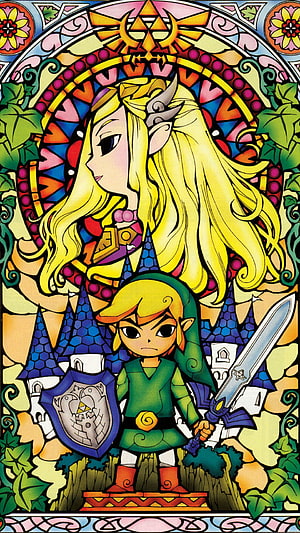The Legend of Zelda Stained Glass Art Featuring Link and Princess Zelda HD phone wallpaper