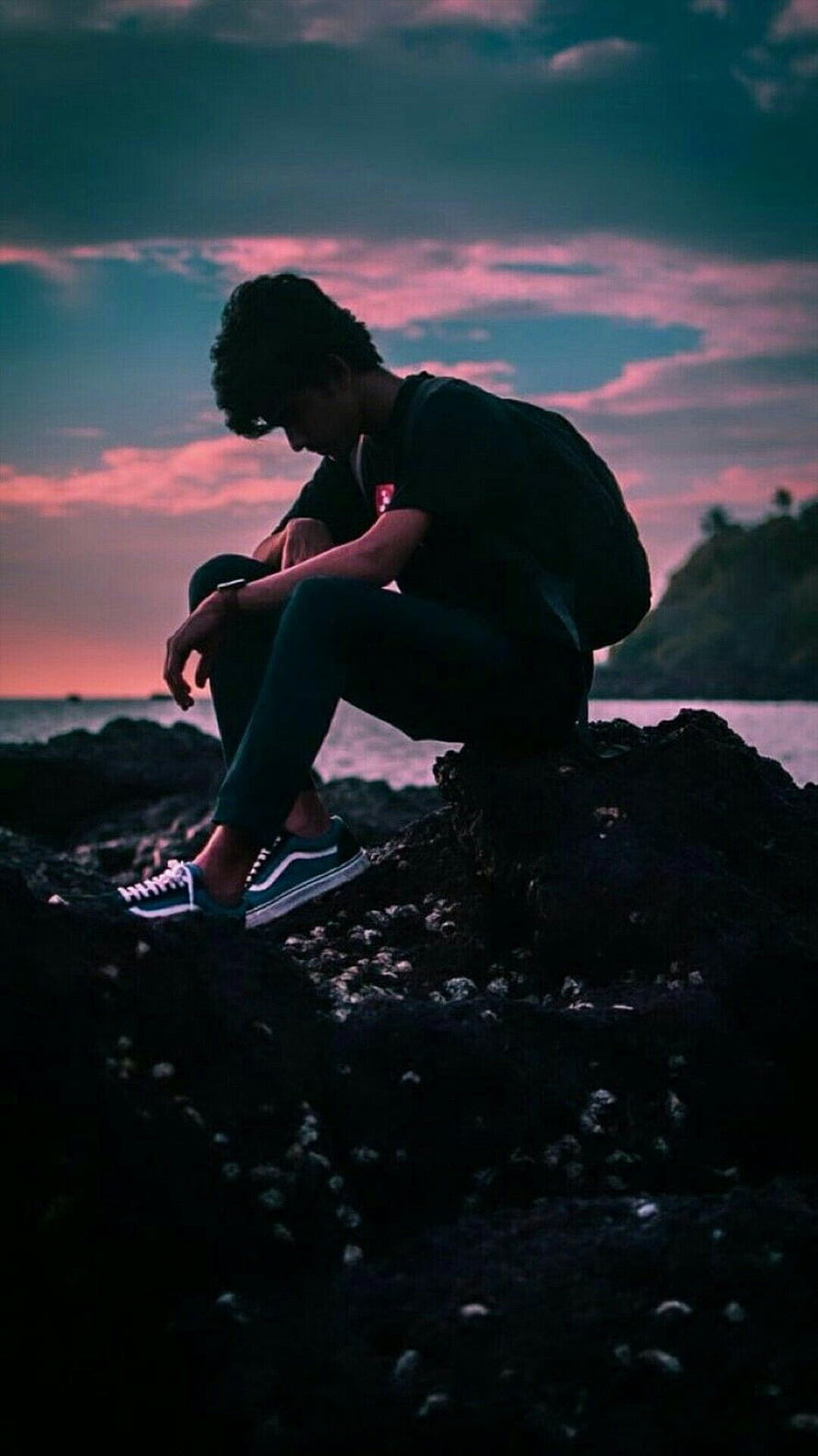 Moody Young Man Sitting on Rocky Shore at Sunset with Pink and Blue Sky, 180 DP for Boys ideas, instagram dp boys HD phone wallpaper