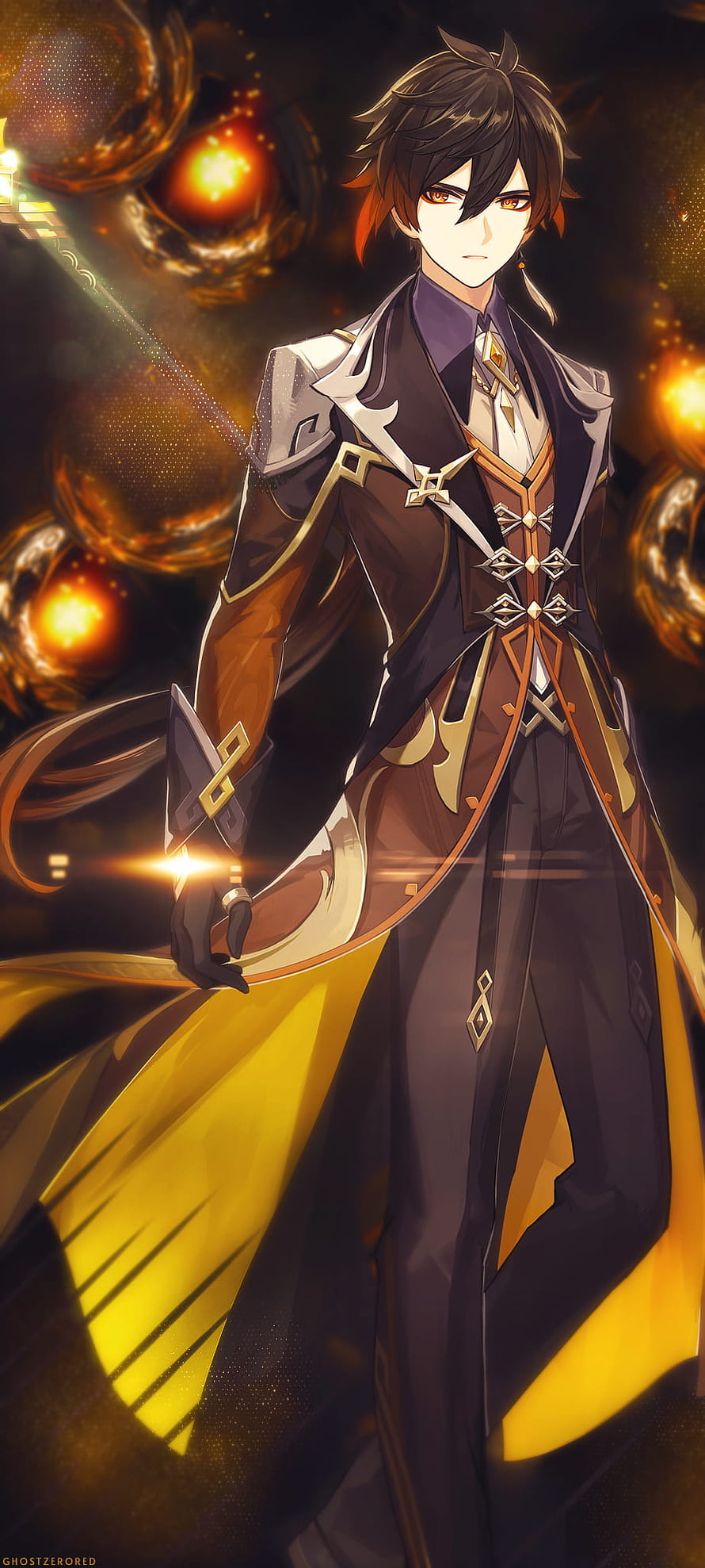 Zhongli from Genshin Impact in ornate dark and gold attire with glowing elemental orbs HD phone wallpaper