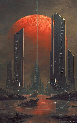 Futuristic Cyberpunk Cityscape with Towering Skyscrapers and a Massive Red Planet HD phone wallpaper