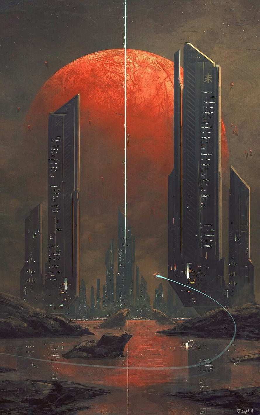Futuristic Cyberpunk Cityscape with Towering Skyscrapers and a Massive Red Planet HD phone wallpaper