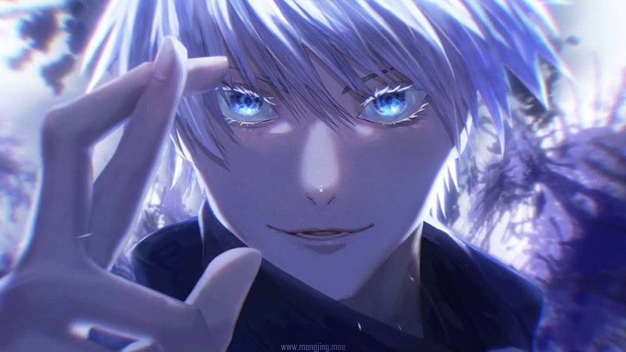 Gojo Satoru Anime Character Close-Up With Glowing Blue Eyes And Silver Hair HD wallpaper