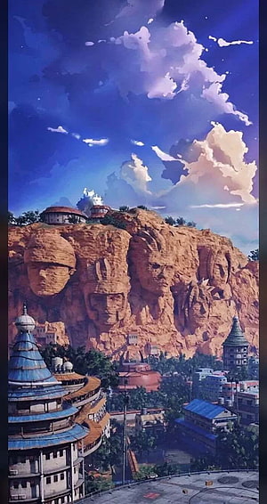 Naruto Hokage Rock Monument with Carved Faces and Village Architecture HD phone wallpaper