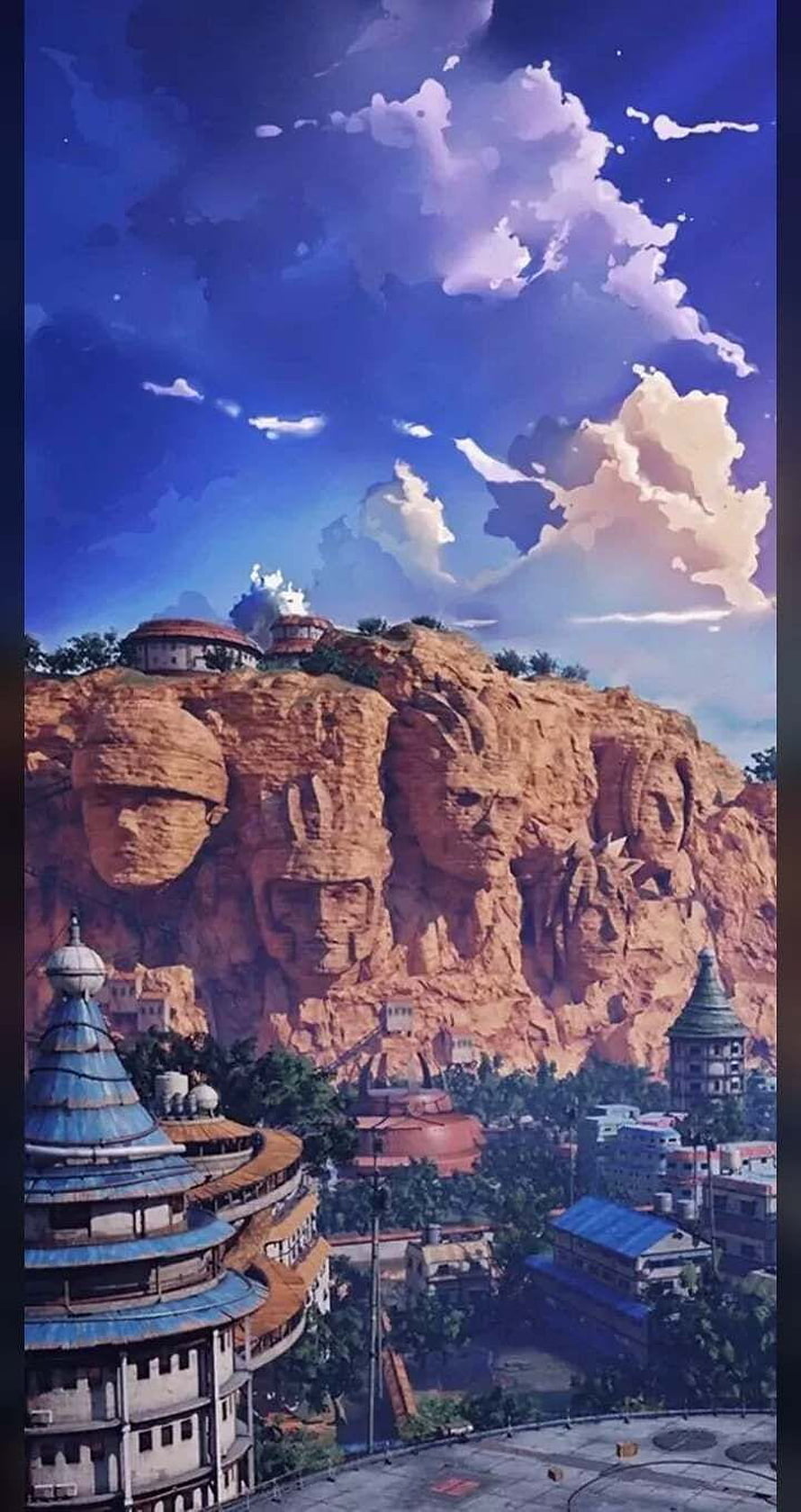 Naruto Hokage Rock Monument with Carved Faces and Village Architecture HD phone wallpaper