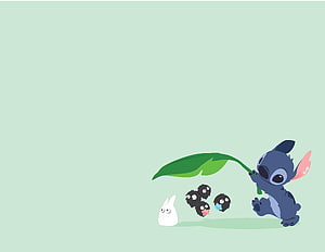Stitch Holding a Leaf Over Moomin Characters in a Kawaii Illustration HD wallpaper