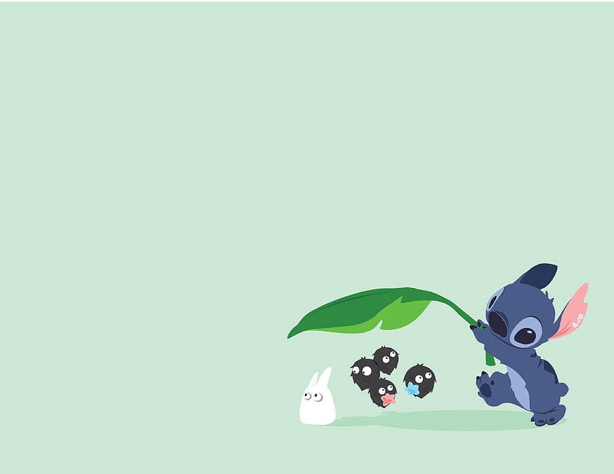 Stitch Holding a Leaf Over Moomin Characters in a Kawaii Illustration HD wallpaper