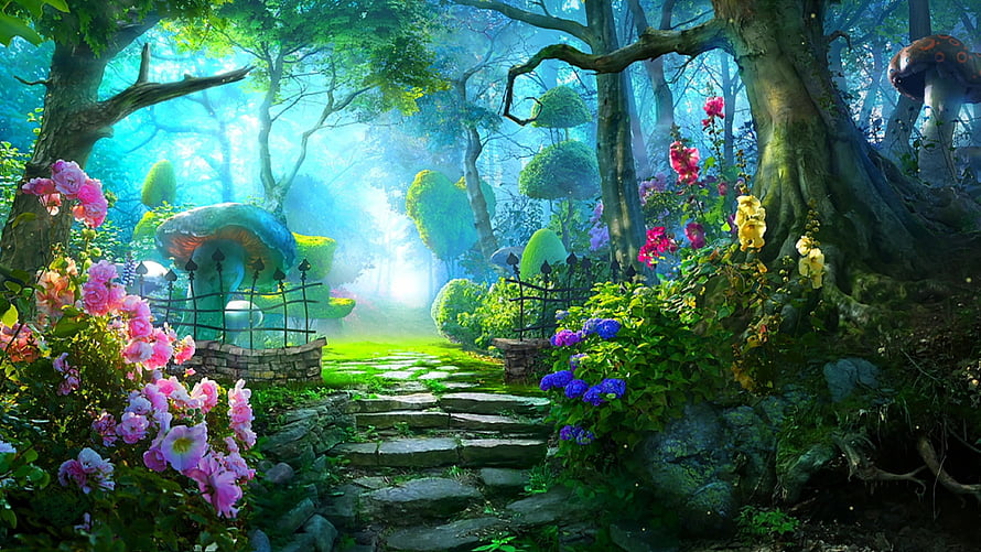 Enchanted Forest Garden with Giant Mushrooms and Vibrant Spring Flowers HD wallpaper