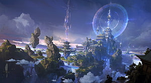 Shangri-La Fantasy Floating City with Glowing Portal and Asian Architecture HD wallpaper