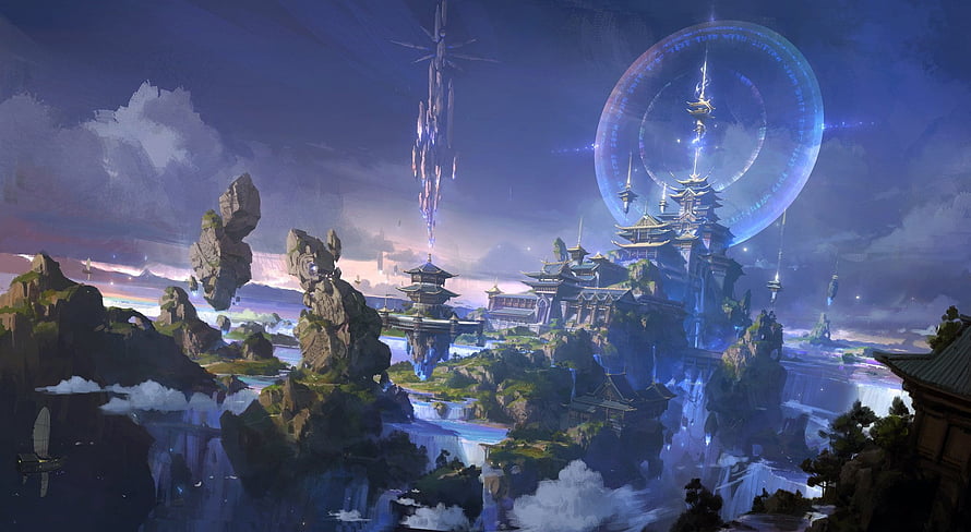 Shangri-La Fantasy Floating City with Glowing Portal and Asian Architecture HD wallpaper