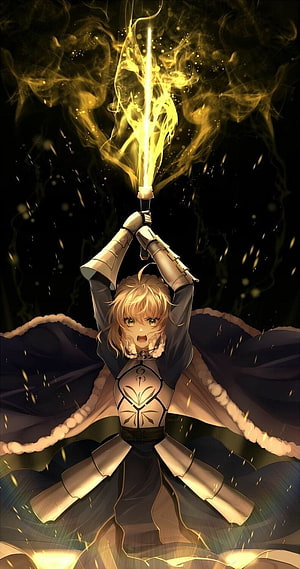Saber from Fate Zero raising a glowing golden sword in dramatic anime artwork HD phone wallpaper