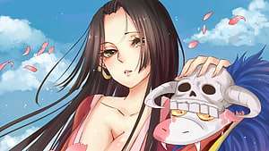 Boa Hancock from One Piece holding a horned skull mask with cherry blossom petals drifting in the sky HD wallpaper