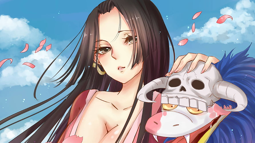 Boa Hancock from One Piece holding a horned skull mask with cherry blossom petals drifting in the sky HD wallpaper