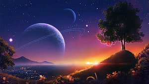 Alien Planet Landscape with Ringed World and Distant City Lights at Sunset HD wallpaper