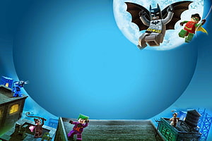 LEGO Batman and Robin Flying Over Gotham Rooftops with Joker and Catwoman HD wallpaper