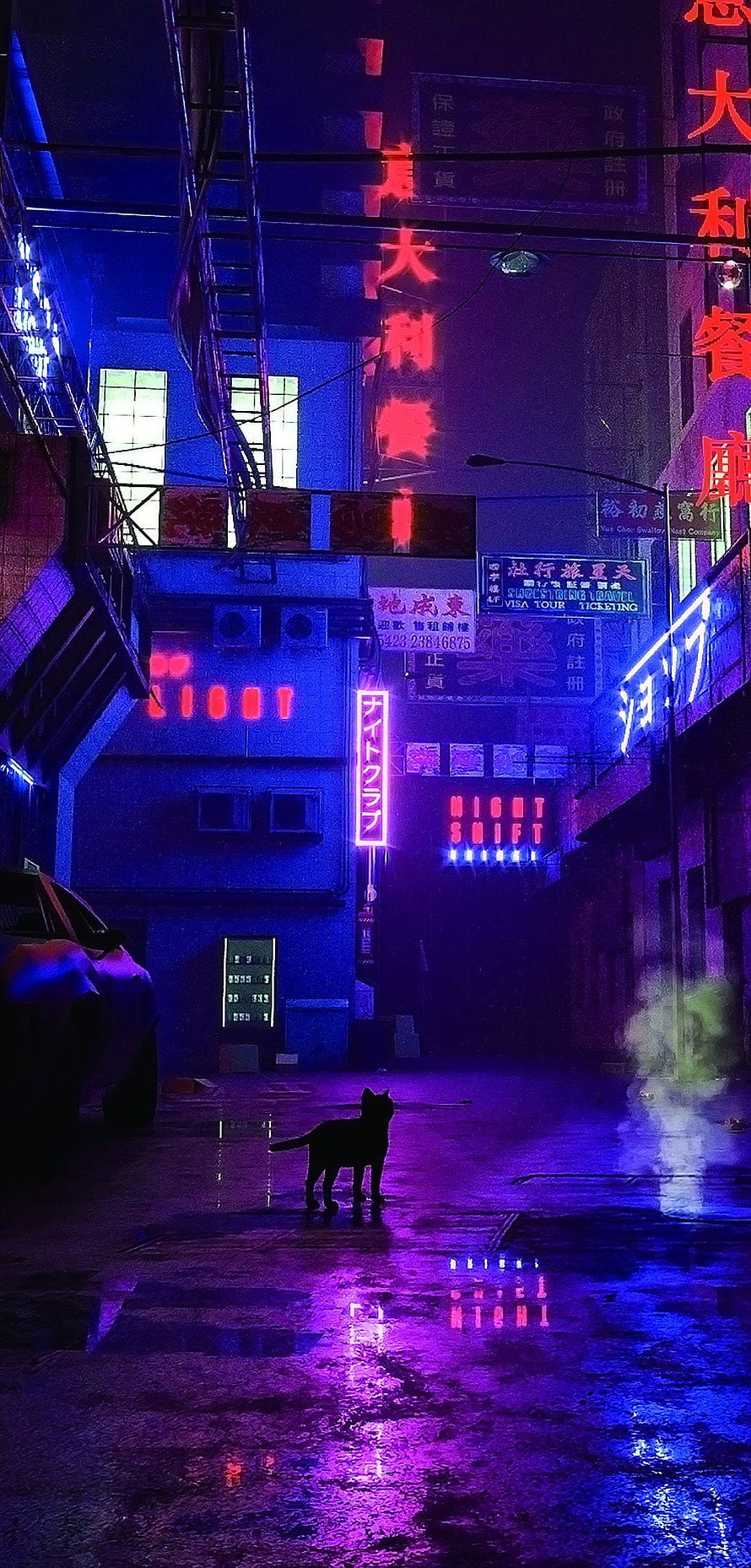 Cyberpunk Alley with Neon Signs and a Silhouetted Cat on a Rainy Night HD phone wallpaper