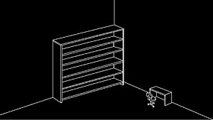 Minimalist white line art of a bookshelf and desk in a dark room HD wallpaper