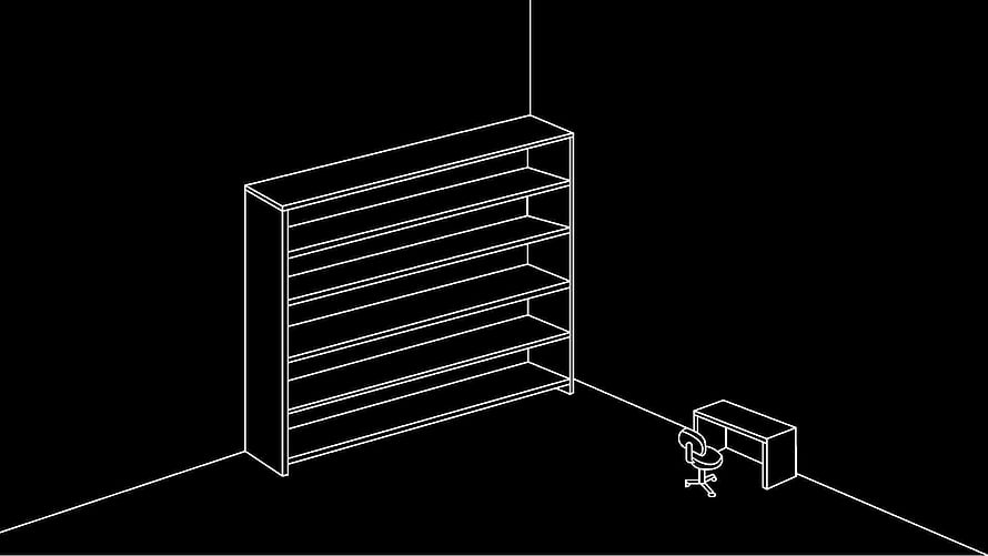 Minimalist white line art of a bookshelf and desk in a dark room HD wallpaper