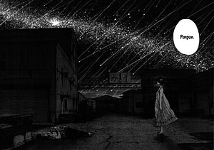 Oyasumi Punpun manga panel featuring a girl under a meteor shower in an abandoned industrial district HD wallpaper
