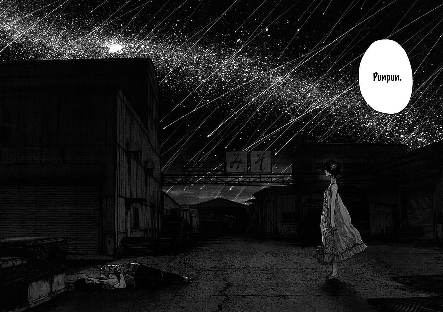 Oyasumi Punpun manga panel featuring a girl under a meteor shower in an abandoned industrial district HD wallpaper
