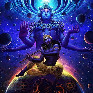 Lord Krishna Cosmic Artwork with Flute and Celestial Background HD phone wallpaper
