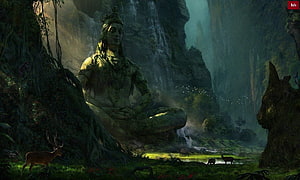 Lord Shiva Meditating in a Misty Jungle Gorge with Waterfalls and Wildlife HD wallpaper