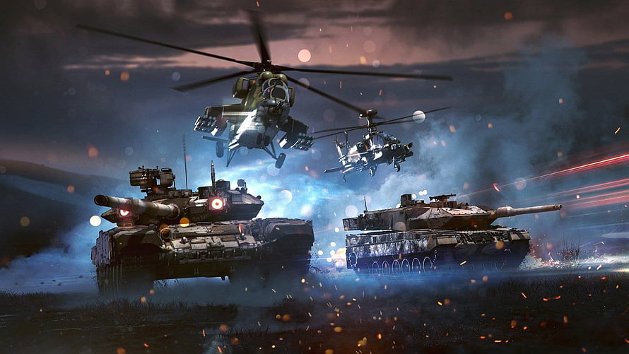 War Thunder Combat Scene With Tanks And Attack Helicopters In Battlefield Smoke HD wallpaper