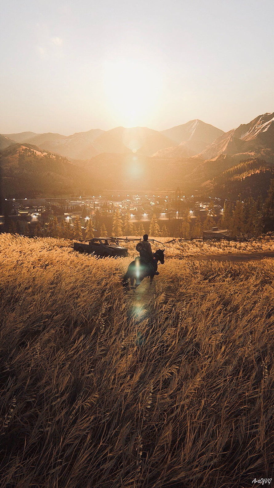 Lone Rider on Horseback in Golden Grassland with Mountain Valley and Town at Sunset HD phone wallpaper