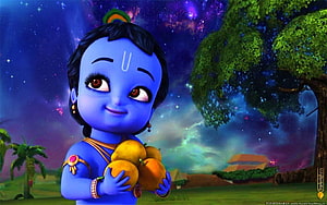 Cute 3D Krishna Holding Fruits Under Starry Night Sky HD wallpaper
