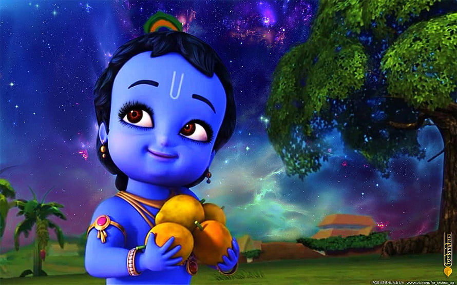Cute 3D Krishna Holding Fruits Under Starry Night Sky HD wallpaper