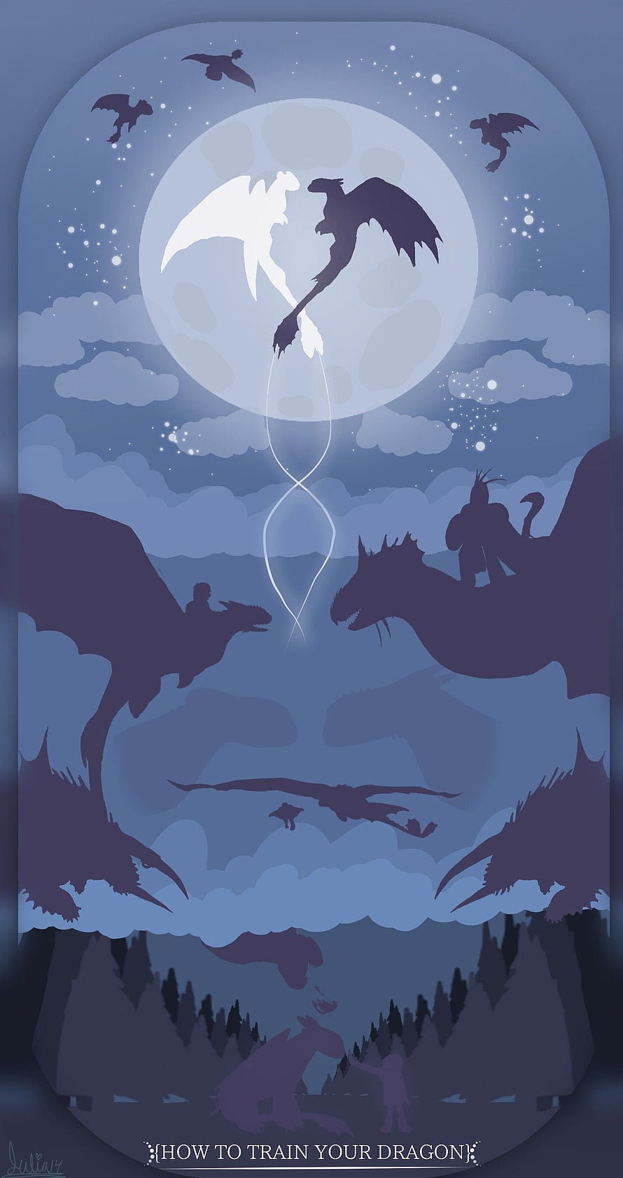 How to Train Your Dragon Night Sky Silhouette with Moon and Flying Dragons HD phone wallpaper