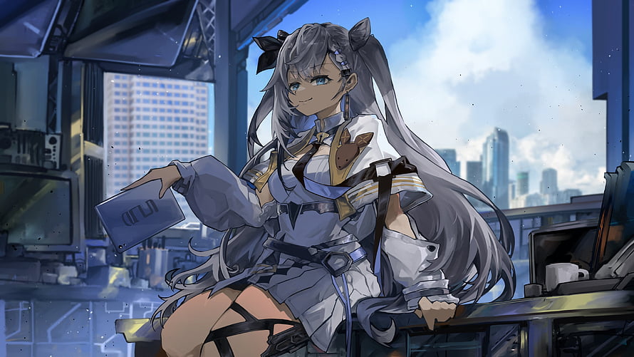 Vestia Zeta from Hololive in a white tactical outfit holding a tablet in a futuristic city setting HD wallpaper