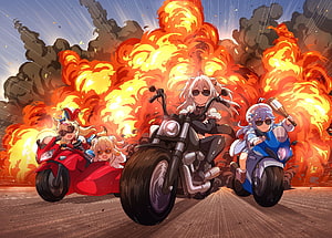 Hololive VTubers Riding Motorcycles Through a Massive Fire Explosion HD wallpaper