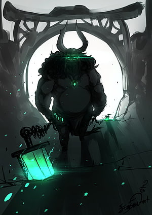Dark Fantasy Warrior With Horned Helmet And Glowing Green Lantern HD phone wallpaper