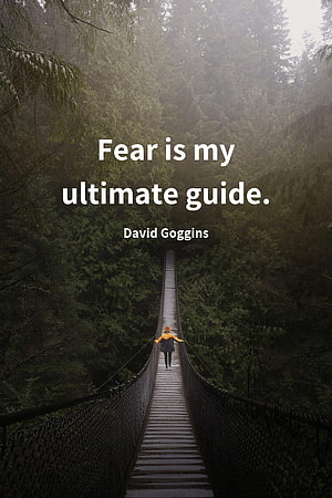 David Goggins Motivational Quote on a Misty Forest Suspension Bridge HD phone wallpaper