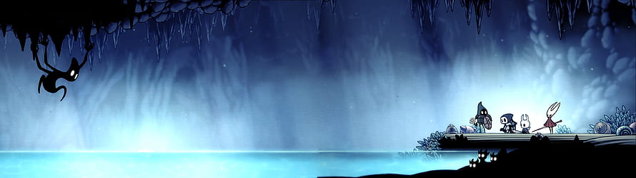 Hollow Knight Characters in a Glowing Blue Cave with Icy Stalactites and Water HD wallpaper
