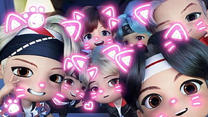 Tiny Tan BTS 3D Animated Group Portrait with Neon Cat Ear Overlays HD wallpaper