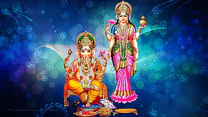 Lord Ganesha and Goddess Lakshmi on Lotus with Diwali Offerings and Snowflakes HD wallpaper